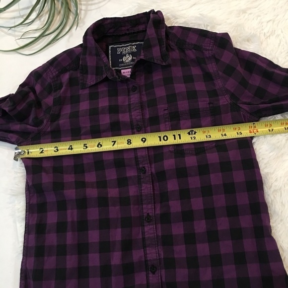 Victoria’s Secret Pink Plaid Ruffle button down purple black small - Picture 7 of 8